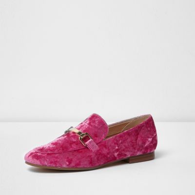 Bright pink velvet loafers